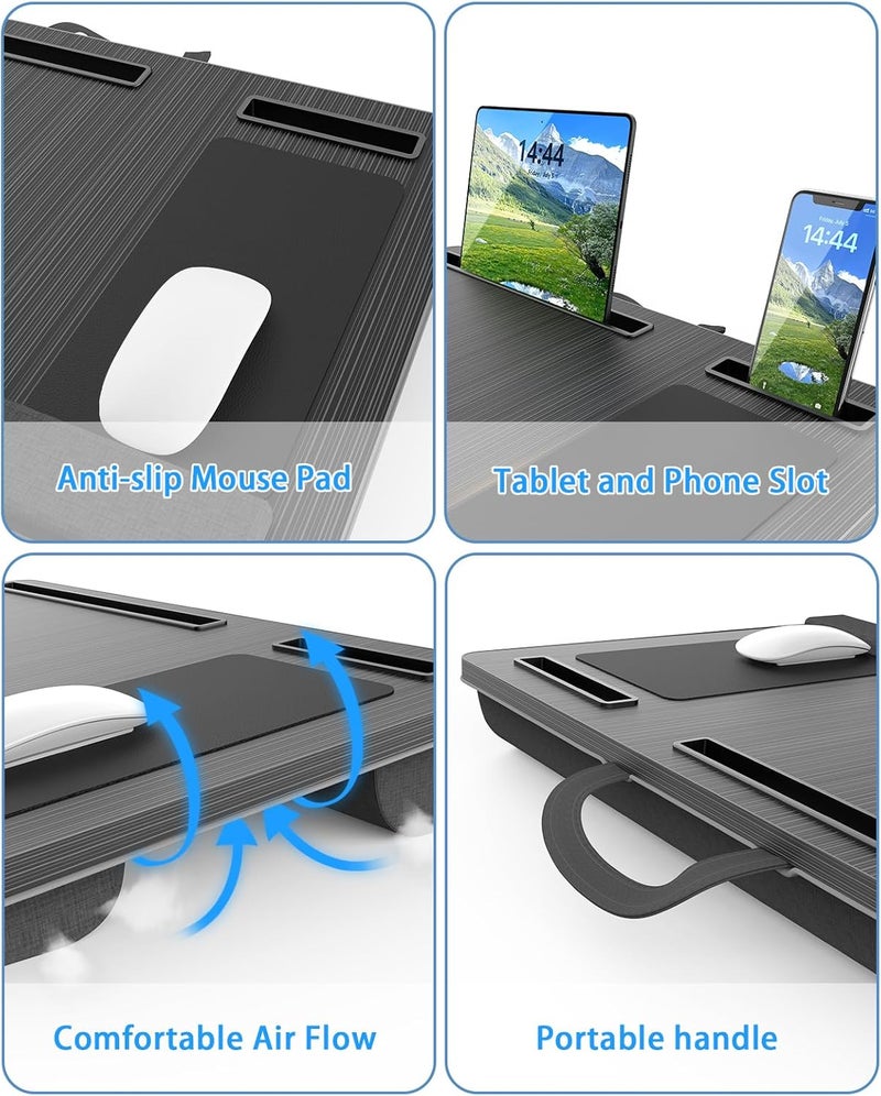 HETTHI Laptop Lap Desk, Portable Large Laptop Desk for Bed, Up to 17 Inch Lap Pad Tray with Wrist Rest, Mouse Pad, Tablet Phone Slot, Portable Handle, Cushion (Black) - Image 4
